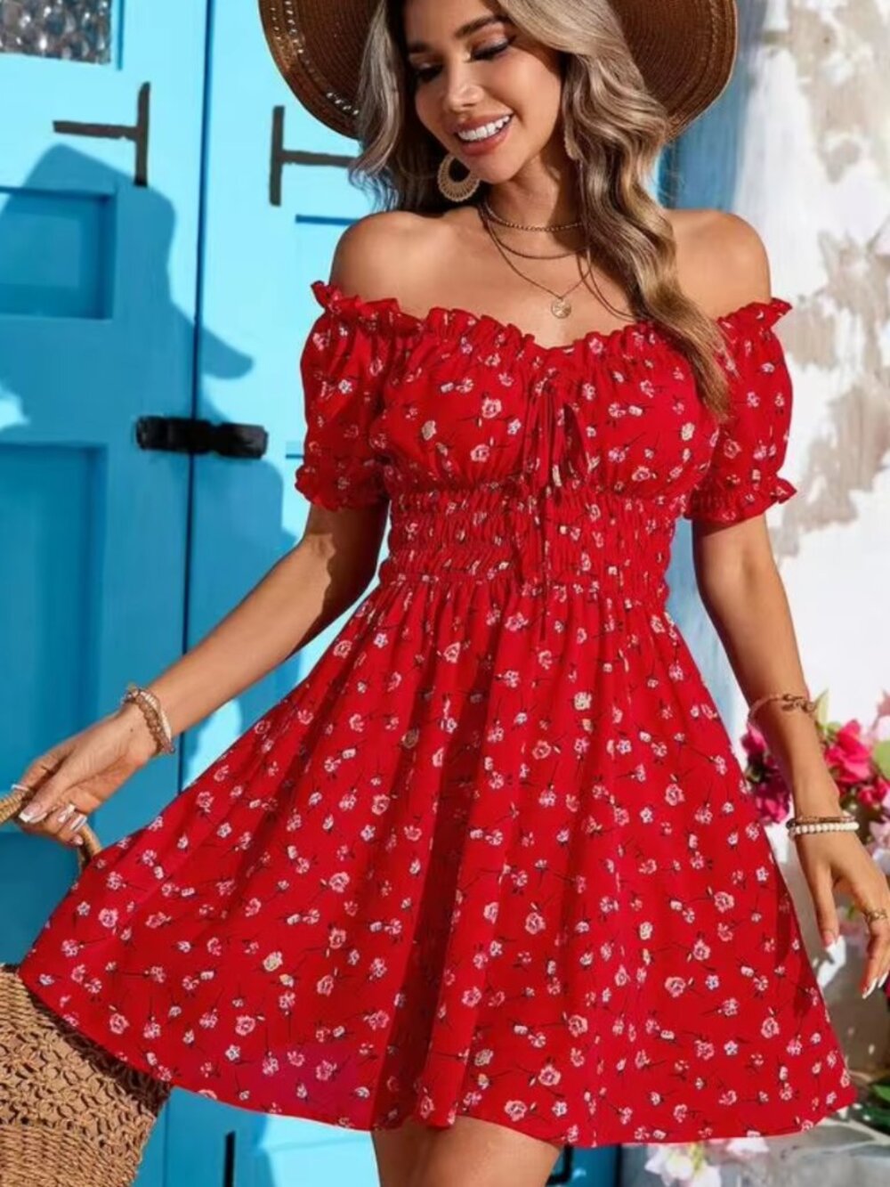 Red Floral Off Shoulder Dress